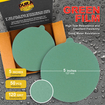 120 Grit - 5" Green Film - PSA Self Adhesive Stickyback Sanding Discs for DA Sanders - Box of 50