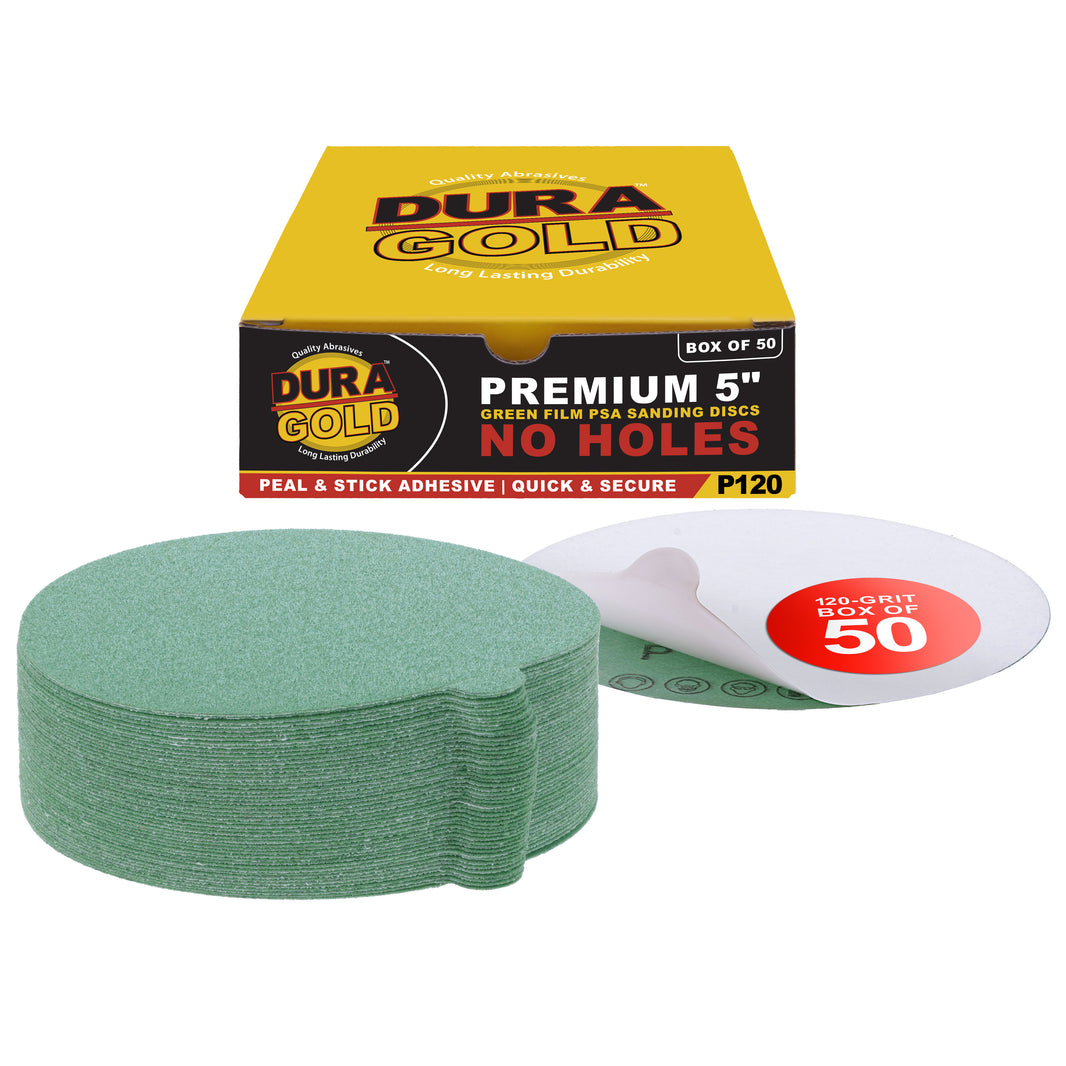 120 Grit - 5" Green Film - PSA Self Adhesive Stickyback Sanding Discs for DA Sanders - Box of 50