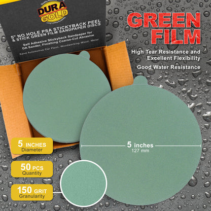150 Grit - 5" Green Film - PSA Self Adhesive Stickyback Sanding Discs for DA Sanders - Box of 50