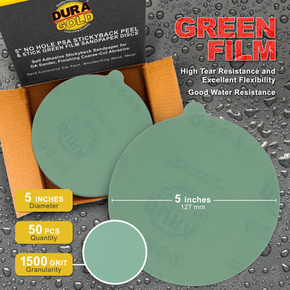 1500 Grit - 5" Green Film - PSA Self Adhesive Stickyback Sanding Discs for DA Sanders - Box of 50