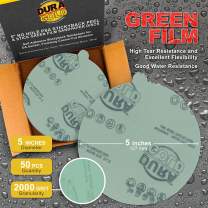2000 Grit - 5" Green Film - PSA Self Adhesive Stickyback Sanding Discs for DA Sanders - Box of 50