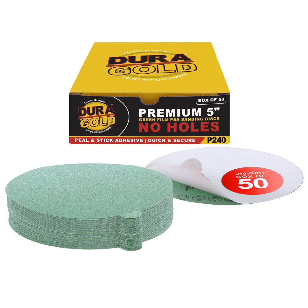 240 Grit - 5" Green Film - PSA Self Adhesive Stickyback Sanding Discs for DA Sanders - Box of 50