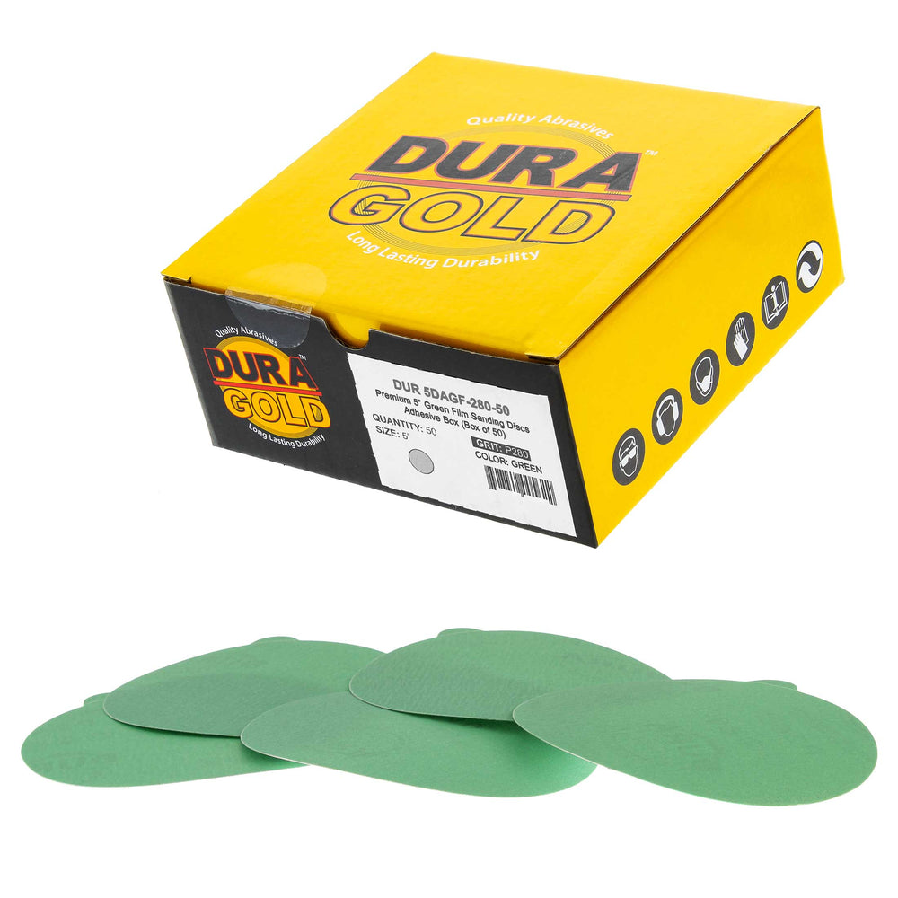 280 Grit - 5" Green Film - PSA Self Adhesive Stickyback Sanding Discs for DA Sanders - Box of 50