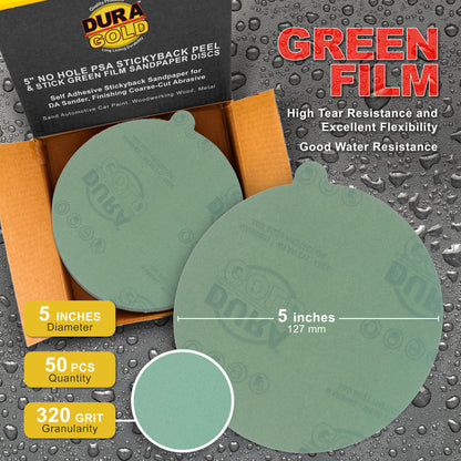 320 Grit - 5" Green Film - PSA Self Adhesive Stickyback Sanding Discs for DA Sanders - Box of 50