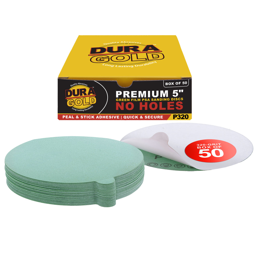 320 Grit - 5" Green Film - PSA Self Adhesive Stickyback Sanding Discs for DA Sanders - Box of 50