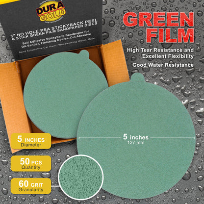60 Grit - 5" Green Film - PSA Self Adhesive Stickyback Sanding Discs for DA Sanders - Box of 50