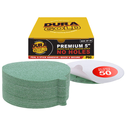 60 Grit - 5" Green Film - PSA Self Adhesive Stickyback Sanding Discs for DA Sanders - Box of 50