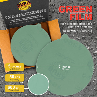 600 Grit - 5" Green Film - PSA Self Adhesive Stickyback Sanding Discs for DA Sanders - Box of 50