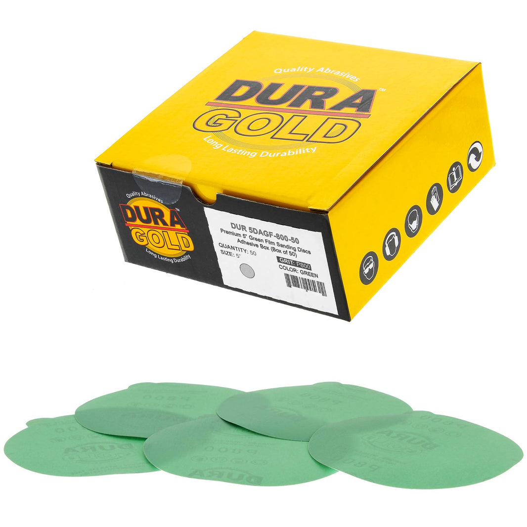 800 Grit - 5" Green Film - PSA Self Adhesive Stickyback Sanding Discs for DA Sanders - Box of 50