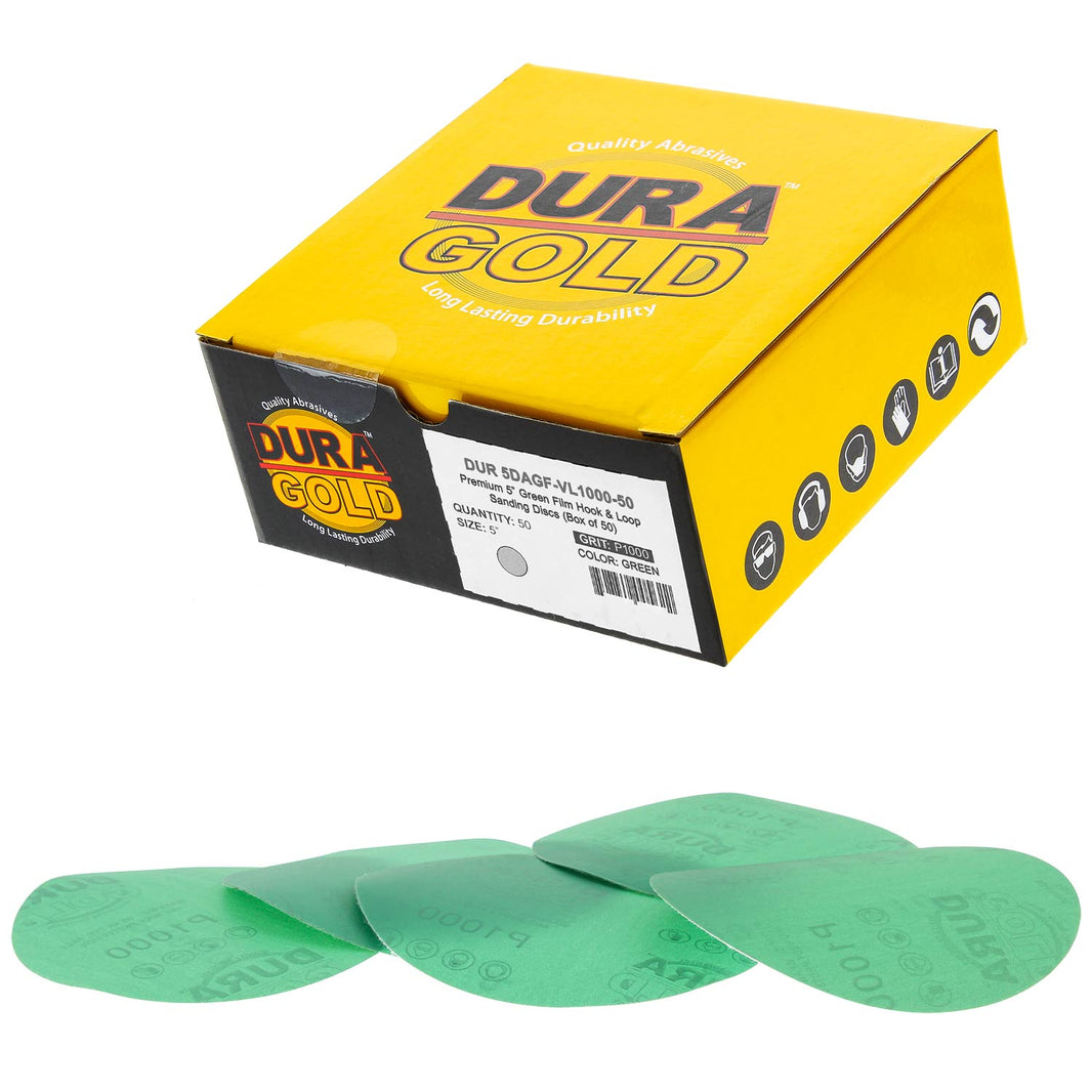 1000 Grit - 5" Green Film - Hook & Loop Sanding Discs for DA Sanders - Box of 50