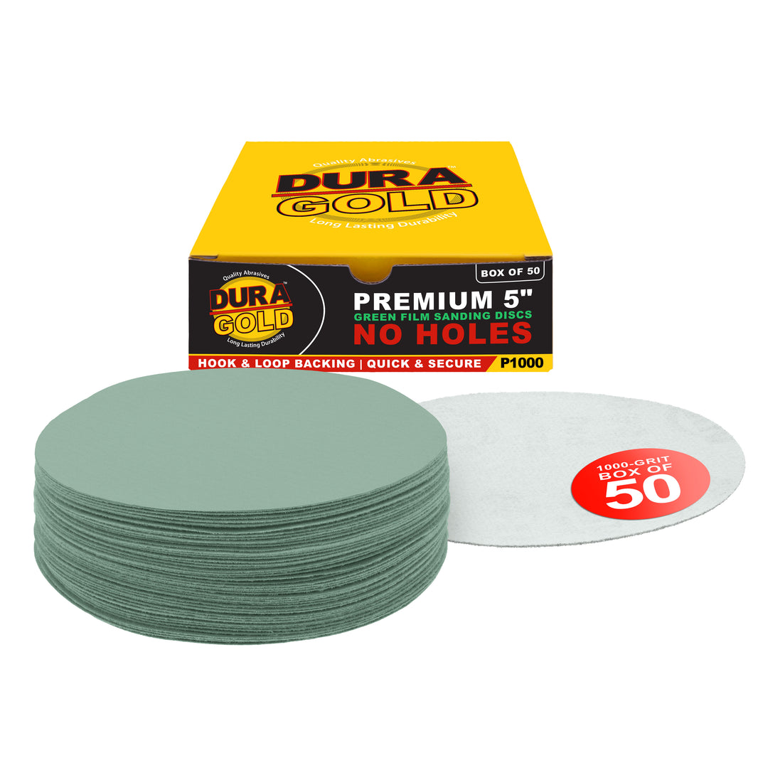 1000 Grit - 5" Green Film - Hook & Loop Sanding Discs for DA Sanders - Box of 50