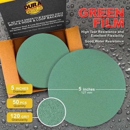 120 Grit - 5" Green Film - Hook & Loop Sanding Discs for DA Sanders - Box of 50