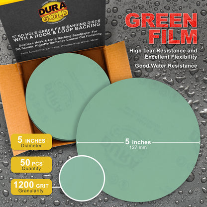 1200 Grit - 5" Green Film - Hook & Loop Sanding Discs for DA Sanders - Box of 50