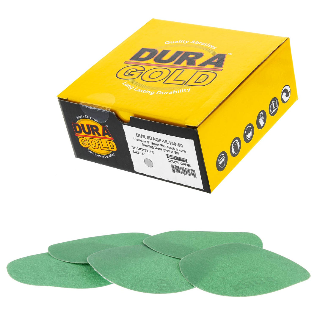 150 Grit - 5" Green Film - Hook & Loop Sanding Discs for DA Sanders - Box of 50