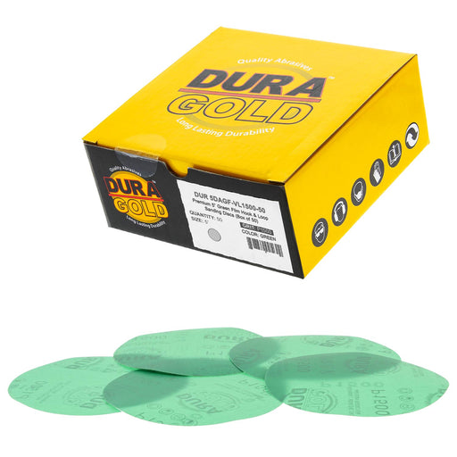 1500 Grit - 5" Green Film - Hook & Loop Sanding Discs for DA Sanders - Box of 50