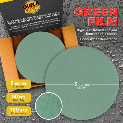 180 Grit - 5" Green Film - Hook & Loop Sanding Discs for DA Sanders - Box of 50