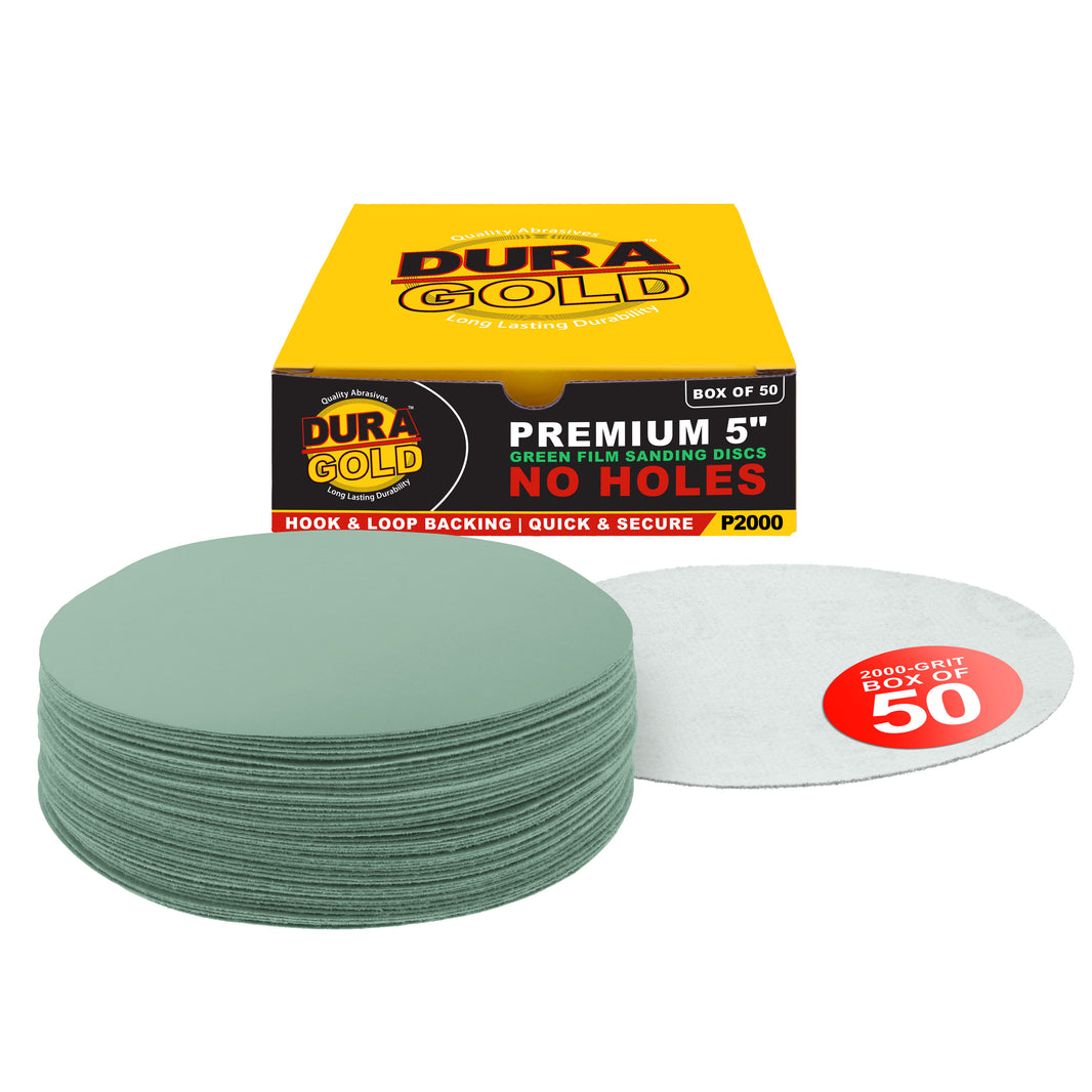 2000 Grit - 5" Green Film - Hook & Loop Sanding Discs for DA Sanders - Box of 50