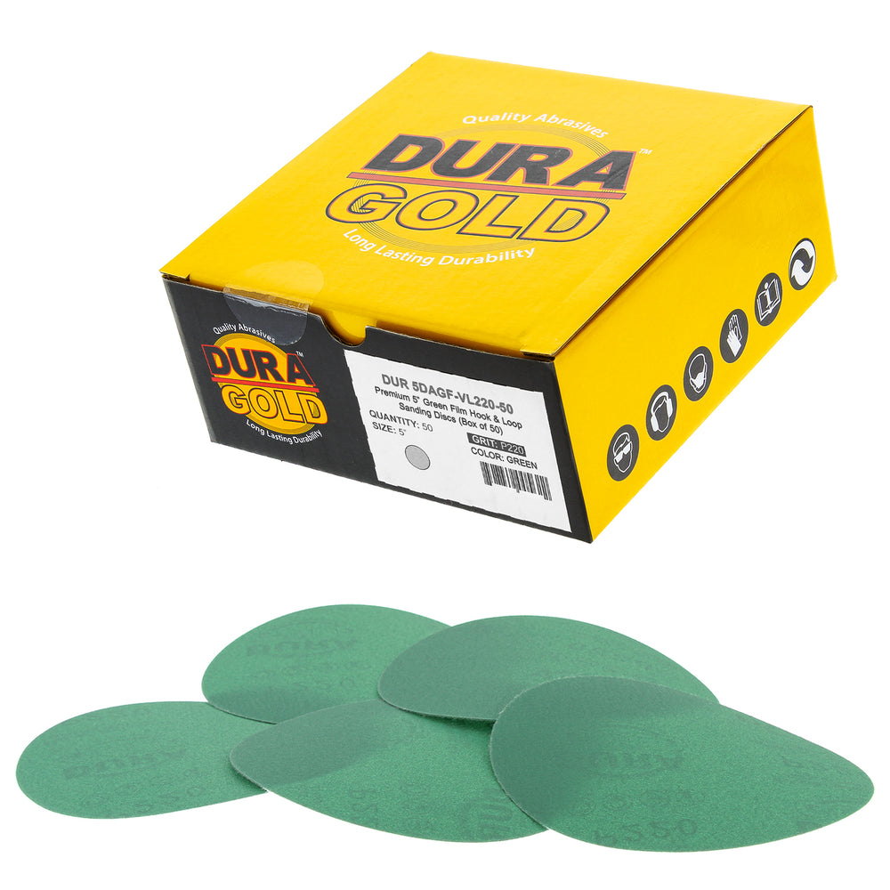 220 Grit - 5" Green Film - Hook & Loop Sanding Discs for DA Sanders - Box of 50