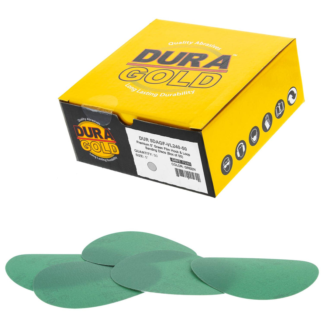 240 Grit - 5" Green Film - Hook & Loop Sanding Discs for DA Sanders - Box of 50