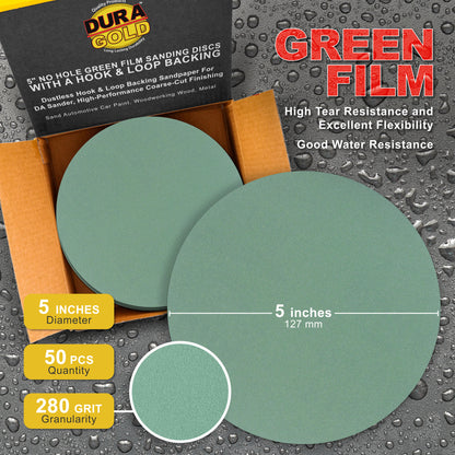 280 Grit - 5" Green Film - Hook & Loop Sanding Discs for DA Sanders - Box of 50
