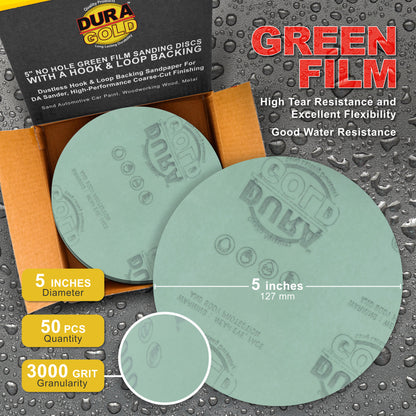 3000 Grit - 5" Green Film - Hook & Loop Sanding Discs for DA Sanders - Box of 50