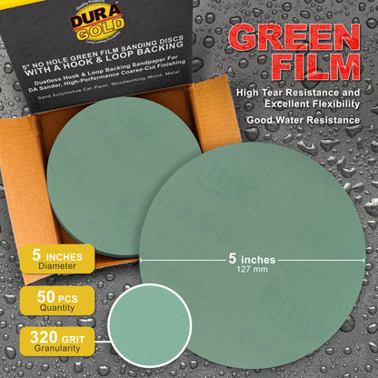 320 Grit - 5" Green Film - Hook & Loop Sanding Discs for DA Sanders - Box of 50