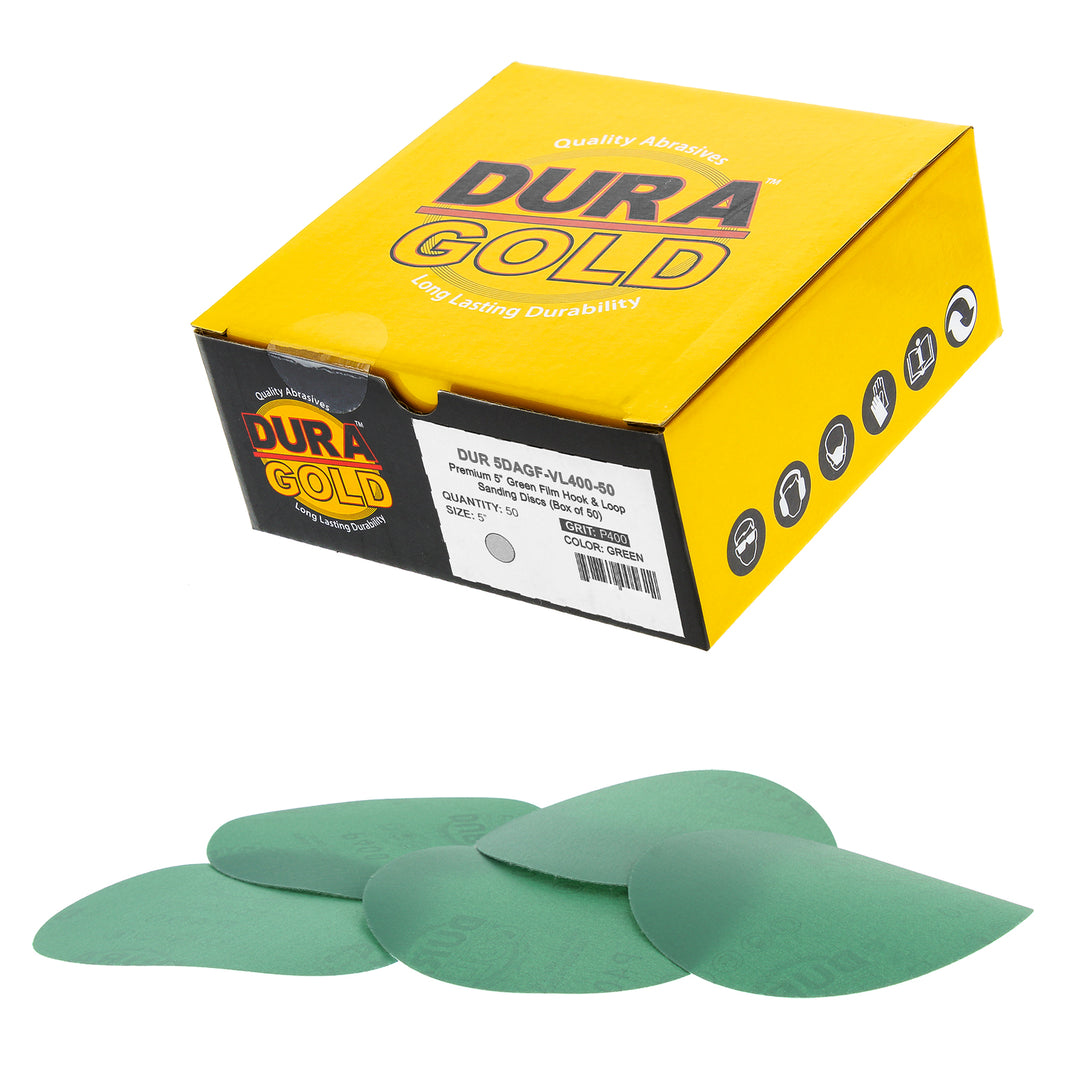400 Grit - 5" Green Film - Hook & Loop Sanding Discs for DA Sanders - Box of 50
