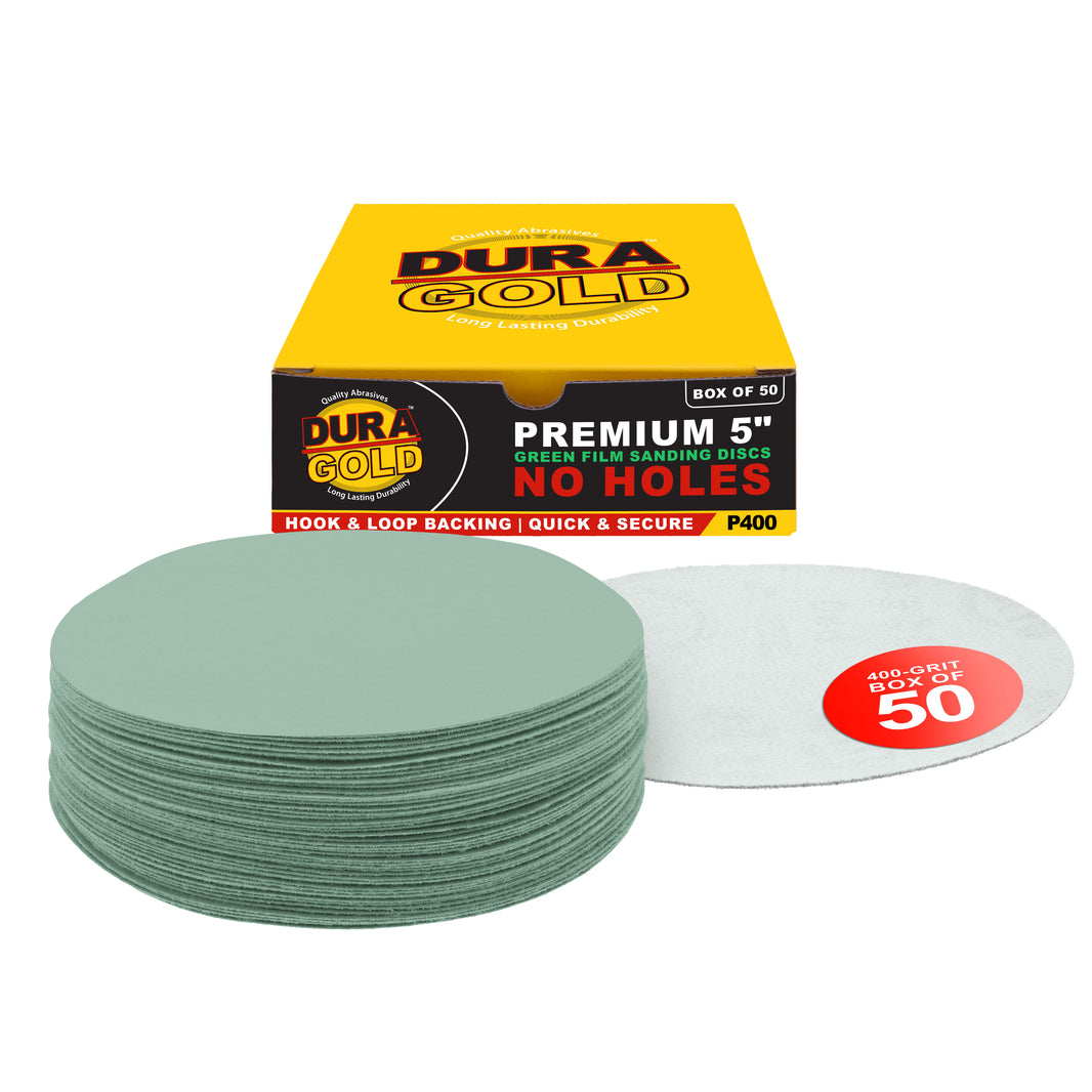 400 Grit - 5" Green Film - Hook & Loop Sanding Discs for DA Sanders - Box of 50