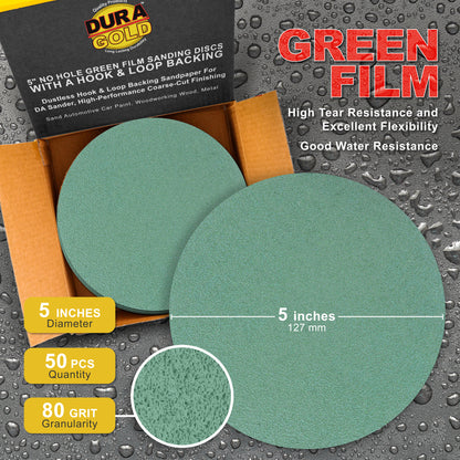 80 Grit - 5" Green Film - Hook & Loop Sanding Discs for DA Sanders - Box of 50