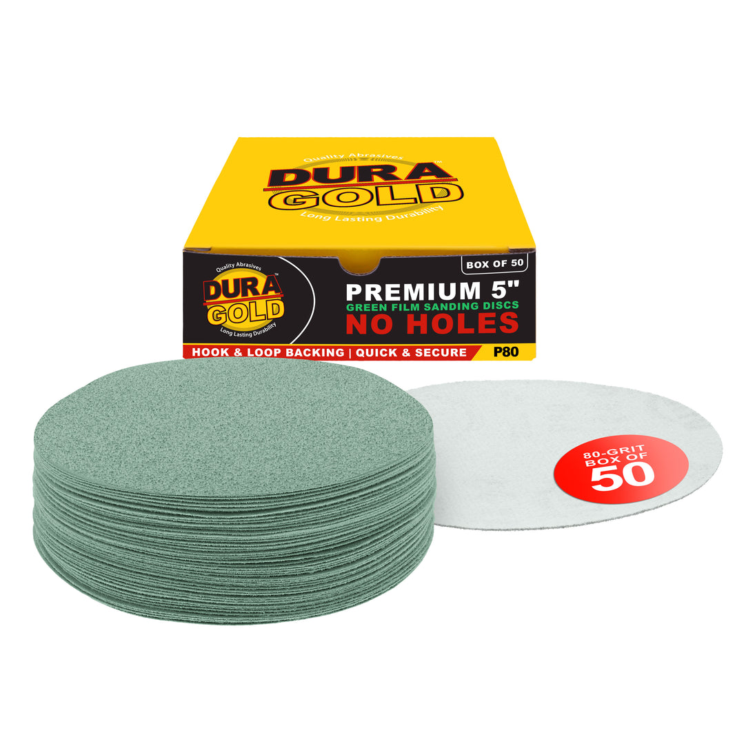 80 Grit - 5" Green Film - Hook & Loop Sanding Discs for DA Sanders - Box of 50