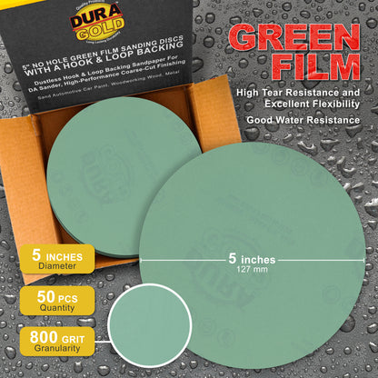 800 Grit - 5" Green Film - Hook & Loop Sanding Discs for DA Sanders - Box of 50