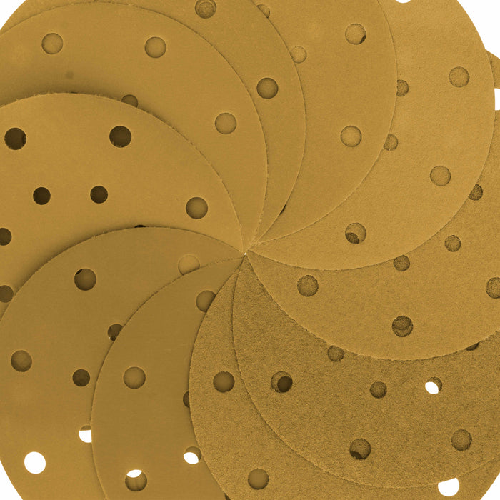 Variety Grit Pack - 6" Gold Sanding Discs - 17-Hole Pattern Hook and Loop for DA Sander - Box of 50