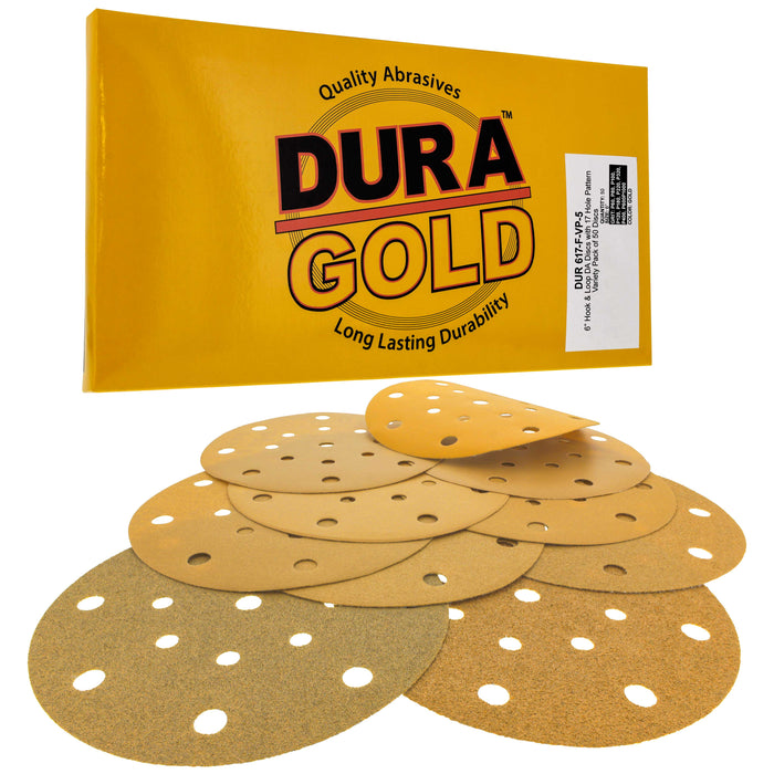 Variety Grit Pack - 6" Gold Sanding Discs - 17-Hole Pattern Hook and Loop for DA Sander - Box of 50