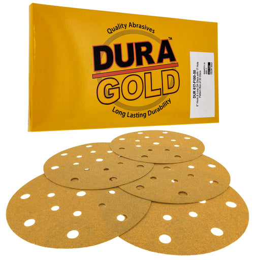 100 Grit - 6" Gold Sanding Discs - 17-Hole Pattern Hook and Loop for DA Sander - Box of 50