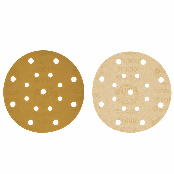 1000 Grit - 6" Gold Sanding Discs - 17-Hole Pattern Hook and Loop for DA Sander - Box of 50