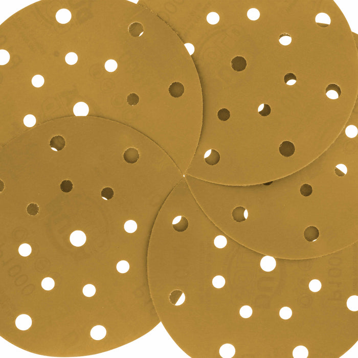 1000 Grit - 6" Gold Sanding Discs - 17-Hole Pattern Hook and Loop for DA Sander - Box of 50