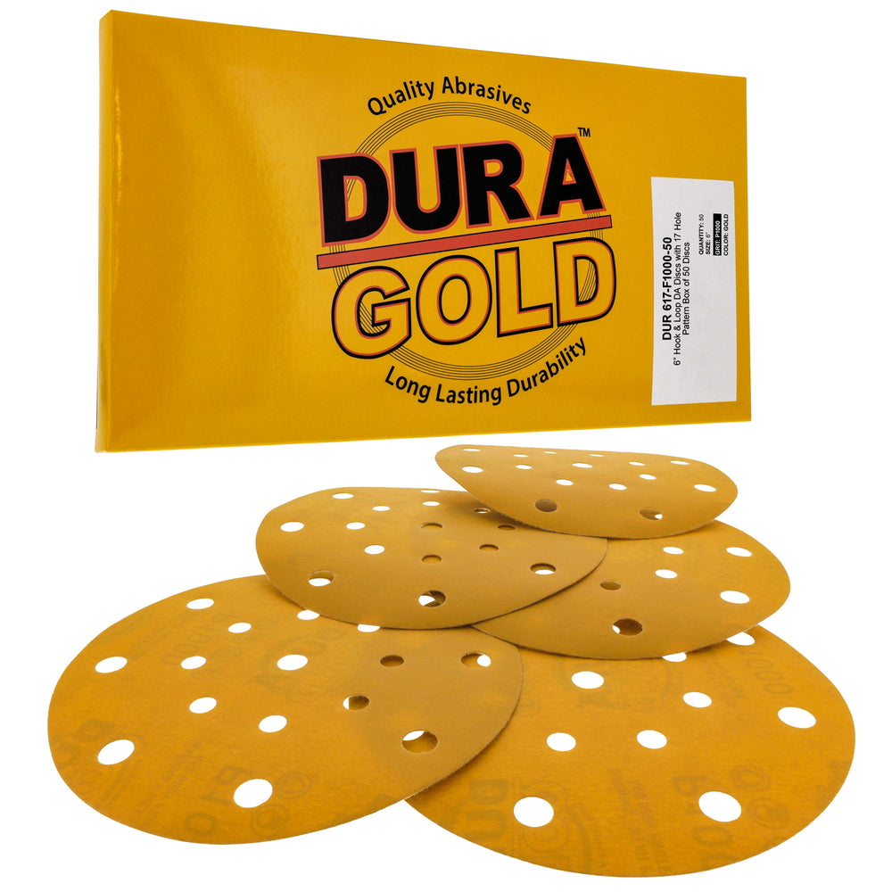 1000 Grit - 6" Gold Sanding Discs - 17-Hole Pattern Hook and Loop for DA Sander - Box of 50