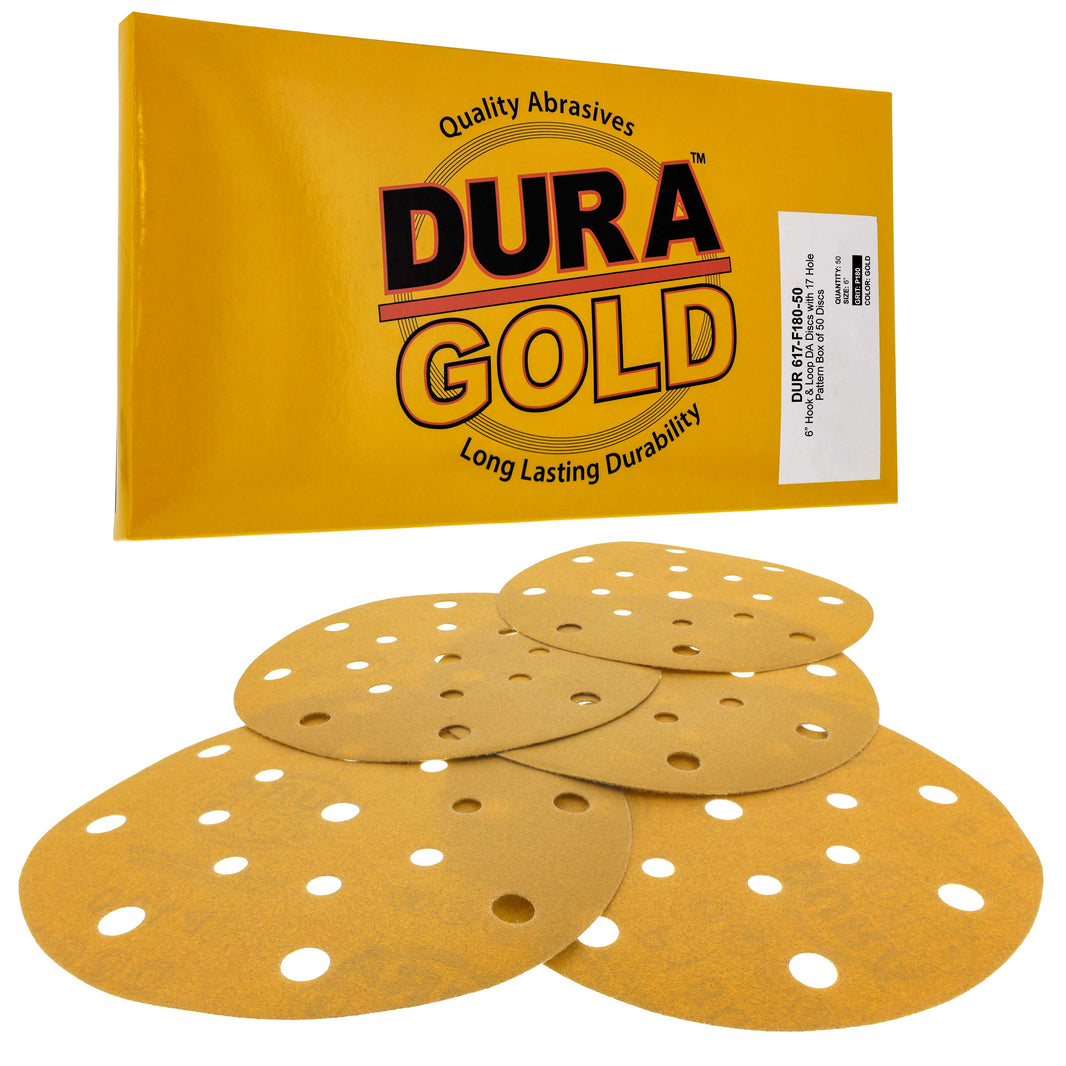 180 Grit - 6" Gold Sanding Discs - 17-Hole Pattern Hook and Loop for DA Sander - Box of 50