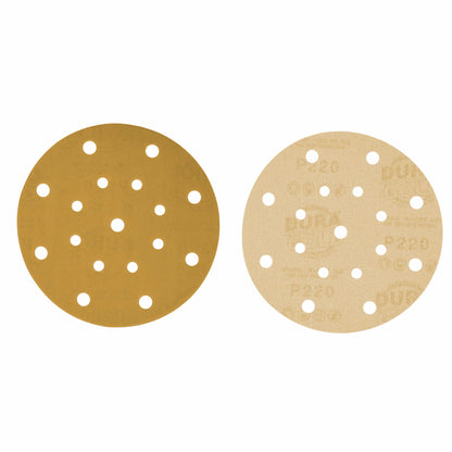 220 Grit - 6" Gold Sanding Discs - 17-Hole Pattern Hook and Loop for DA Sander - Box of 50