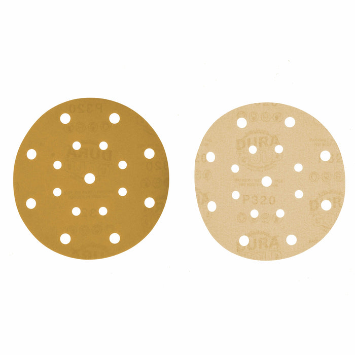 320 Grit - 6" Gold Sanding Discs - 17-Hole Pattern Hook and Loop for DA Sander - Box of 50