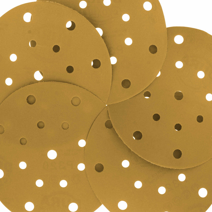 320 Grit - 6" Gold Sanding Discs - 17-Hole Pattern Hook and Loop for DA Sander - Box of 50