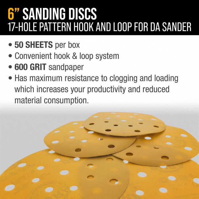 500 Grit - 6" Gold Sanding Discs - 17-Hole Pattern Hook and Loop for DA Sander - Box of 50