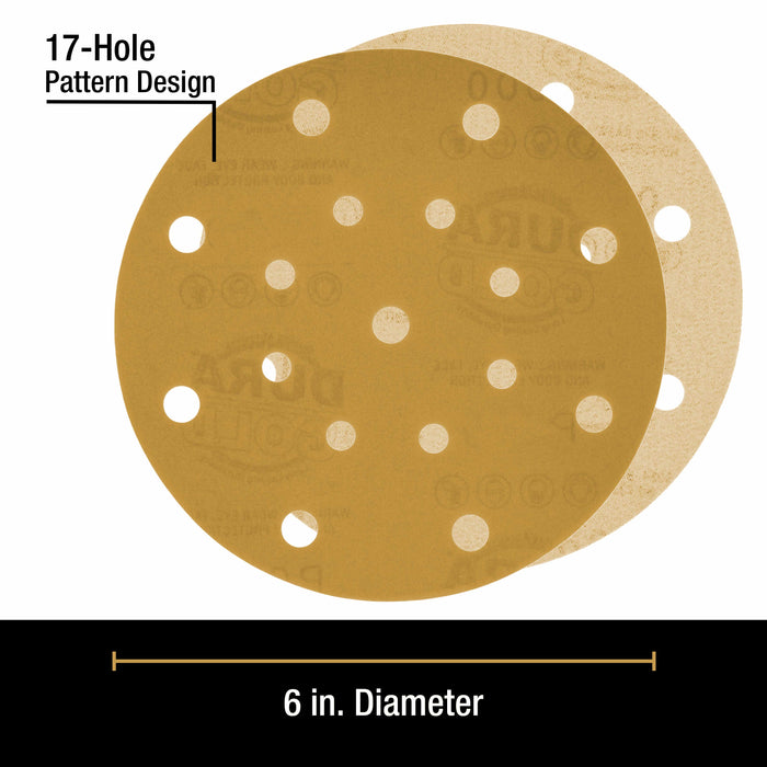 500 Grit - 6" Gold Sanding Discs - 17-Hole Pattern Hook and Loop for DA Sander - Box of 50