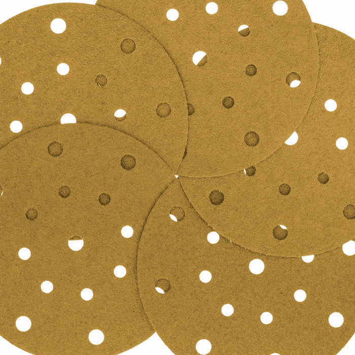 60 Grit - 6" Gold Sanding Discs - 17-Hole Pattern Hook and Loop for DA Sander - Box of 50