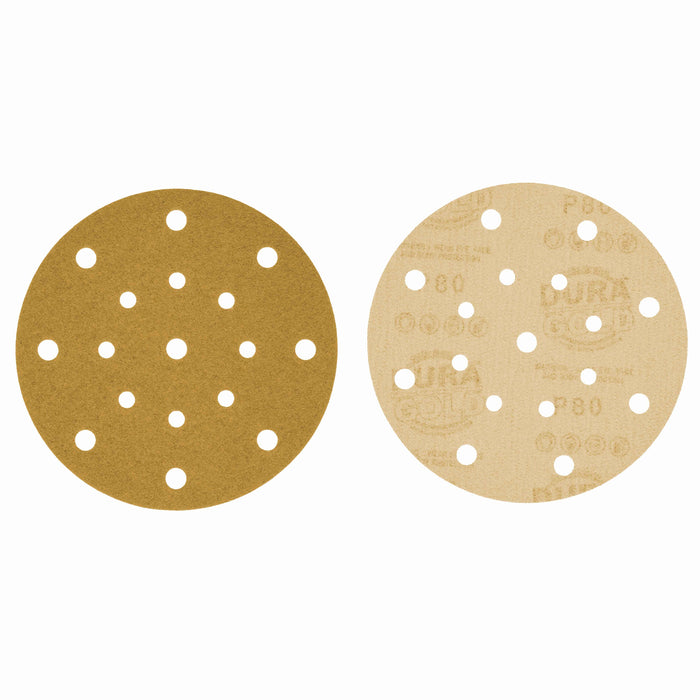 80 Grit - 6" Gold Sanding Discs - 17-Hole Pattern Hook and Loop for DA Sander - Box of 50