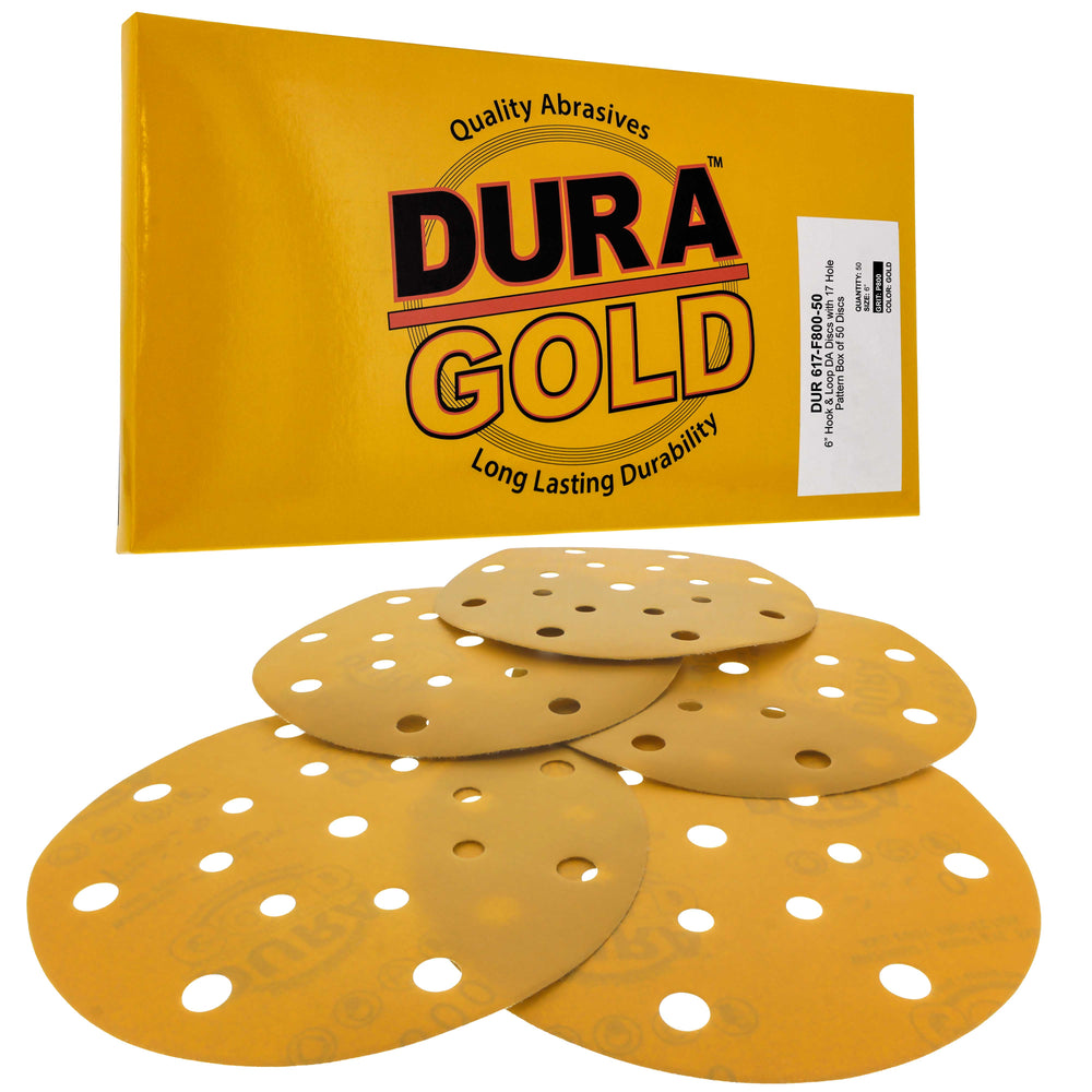 800 Grit - 6" Gold Sanding Discs - 17-Hole Pattern Hook and Loop for DA Sander - Box of 50