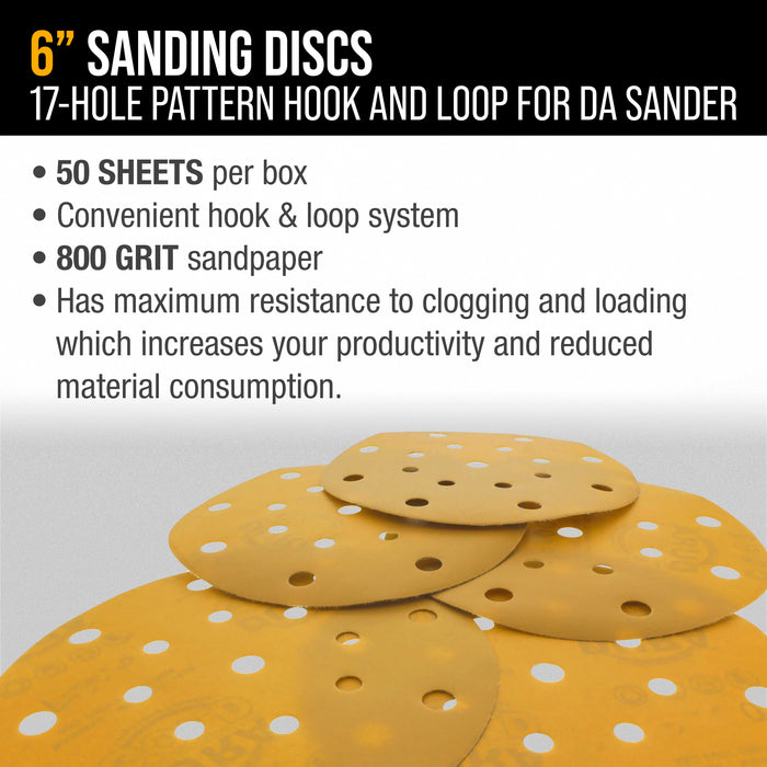 800 Grit - 6" Gold Sanding Discs - 17-Hole Pattern Hook and Loop for DA Sander - Box of 50