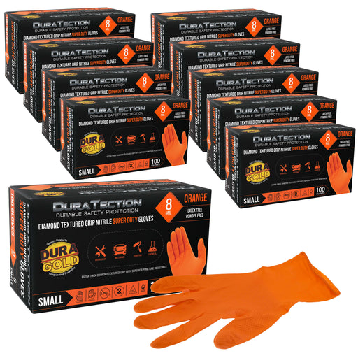Duratection 8 Mil Orange Super Duty Diamond Textured Nitrile Disposable Gloves, 10 Boxes of 100, Small - Latex Free, Powder Free, Food Safe, Safety Protection Work Gloves