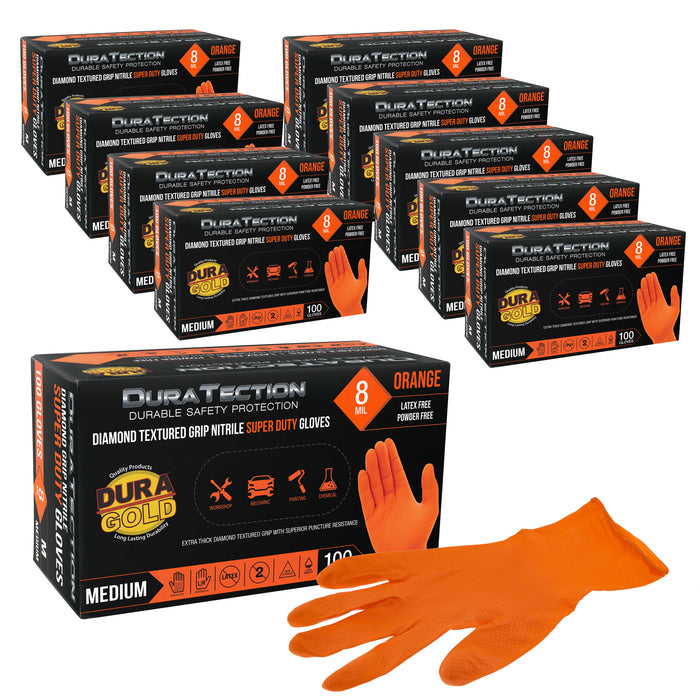 Duratection 8 Mil Orange Super Duty Diamond Textured Nitrile Disposable Gloves, 10 Boxes of 100, Medium - Latex Free, Powder Free, Food Safe, Safety Protection Work Gloves