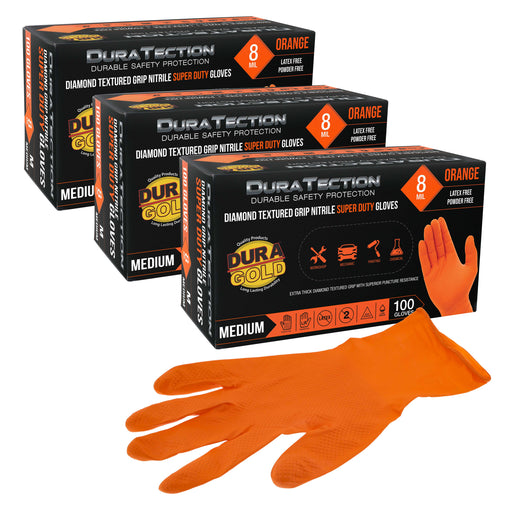 Duratection 8 Mil Orange Super Duty Diamond Textured Nitrile Disposable Gloves, 3 Boxes of 100, Medium - Latex Free, Powder Free, Food Safe, Safety Protection Work Gloves